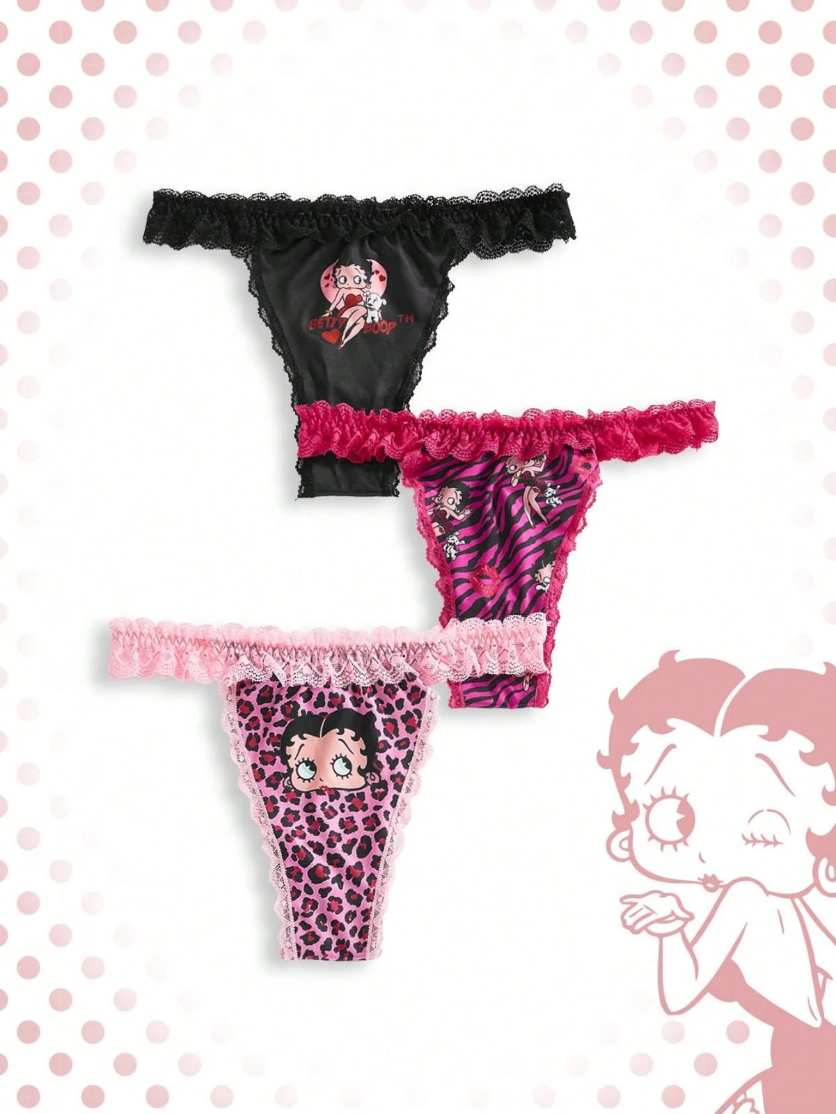 Betty Boop Lace Pink Animal Cute Cartoon Licensed Thong Panties – Pack of 3