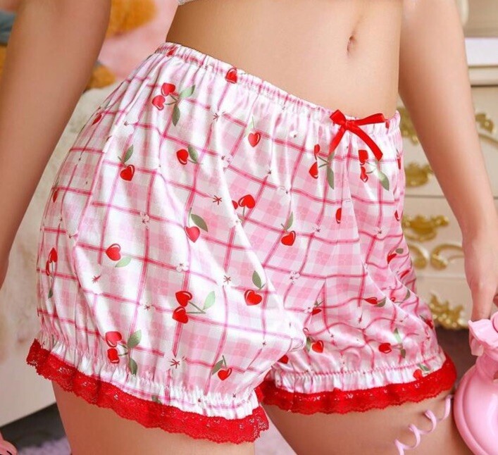 Adorable White & Red Glossy 🍒 Satin Bloomers Frily Lacy Brief Pantie XL New