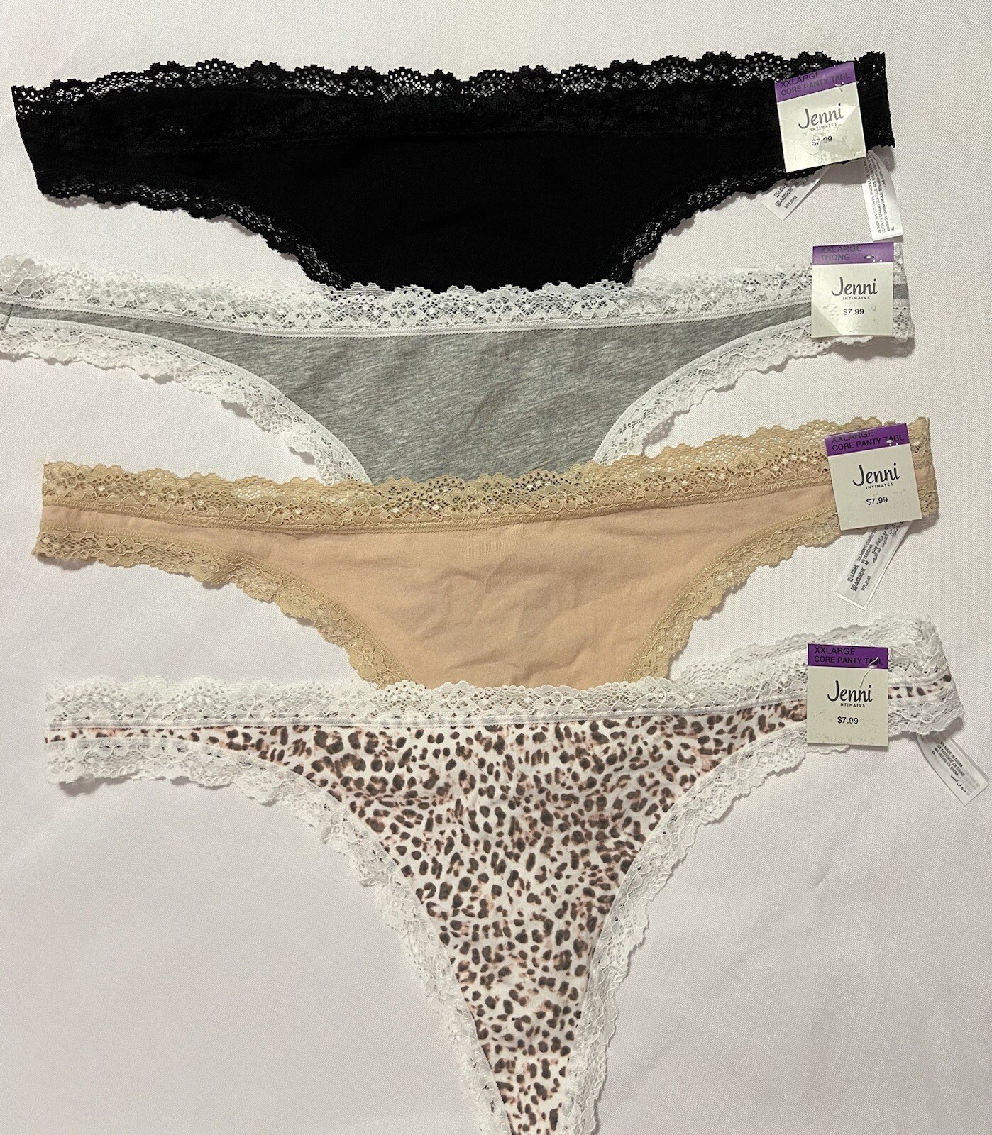 Jenni Women’s Thongs 4 Pair Size XXLARGE, Black, Chai, Pink Leo, and Grey, NEW