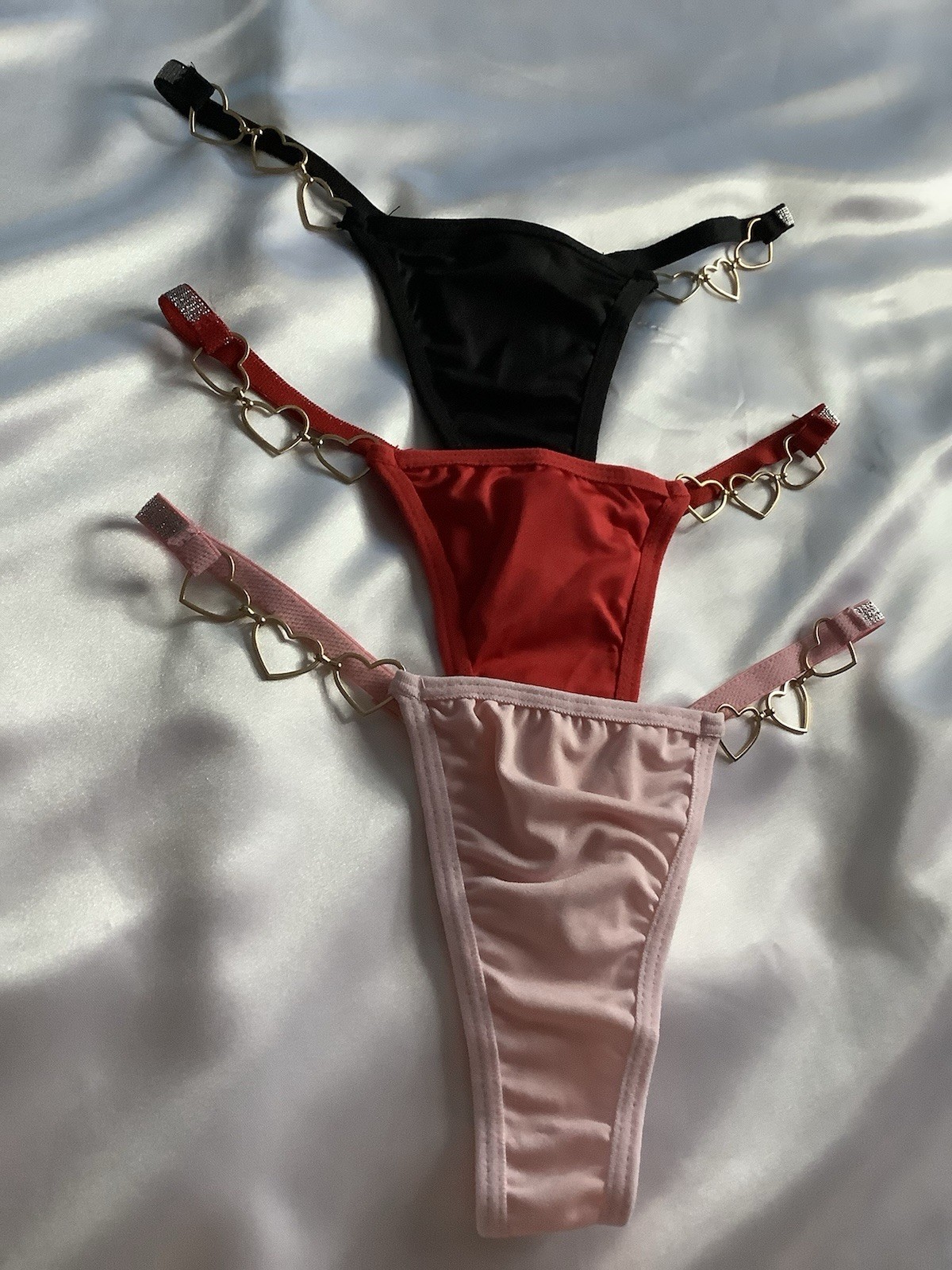 Women’s Satin Thong Panties Heart Charm Strap Red, Pink, Black 3pk Small