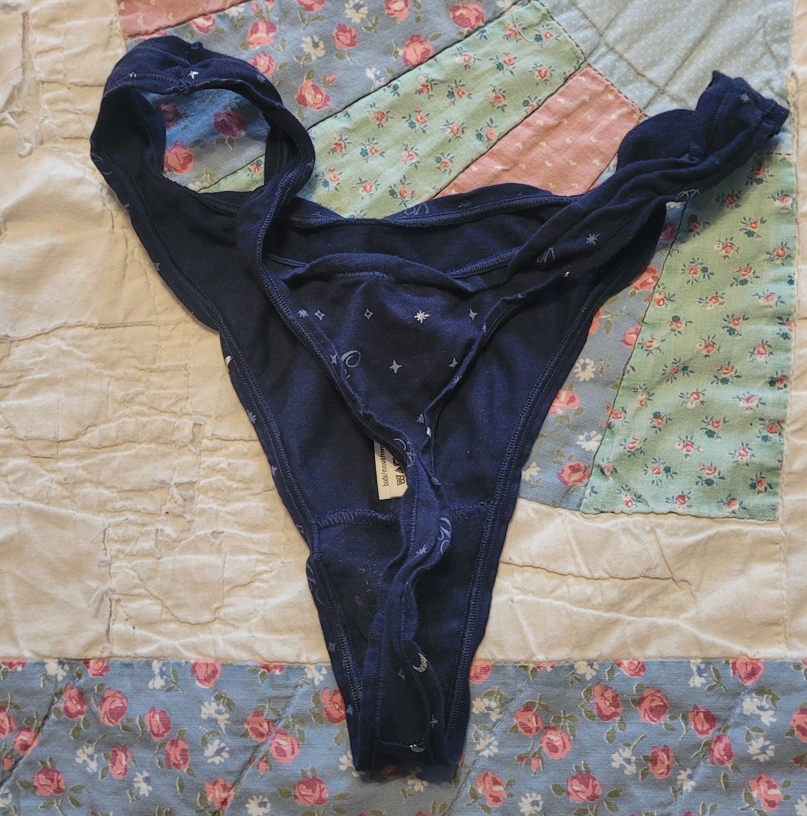PINK Victoria’s Secret Thong Panty Navy Blue Star Moon Print Size M