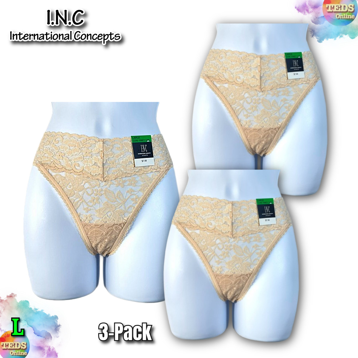 NWT 3-Pack INC International Concepts L Lace Thong Underwear, Almond Latte