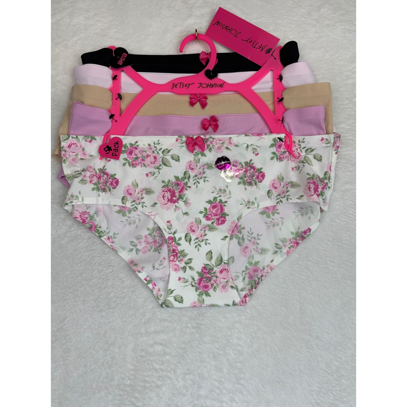 Betsey Johnson 5 Pack Hipster Pastel Panties Floral Ribbed Multi Color Large