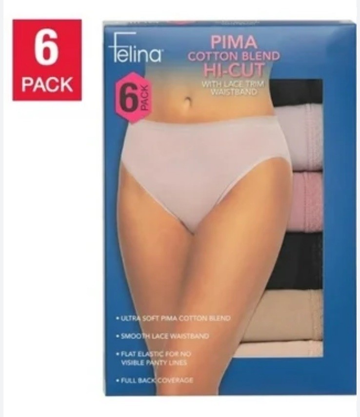 Felina Pima Cotton Blend Hi-cut with Lace Trim Waistband 6 Pack small