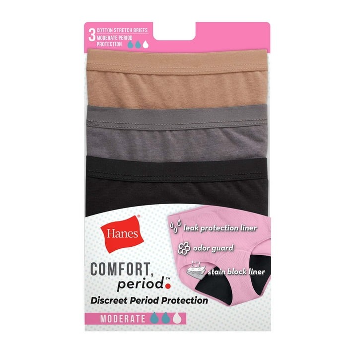 Hanes Women’s 3 Pack Comfort Period Briefs NEW Moderate Protection Various Sizes