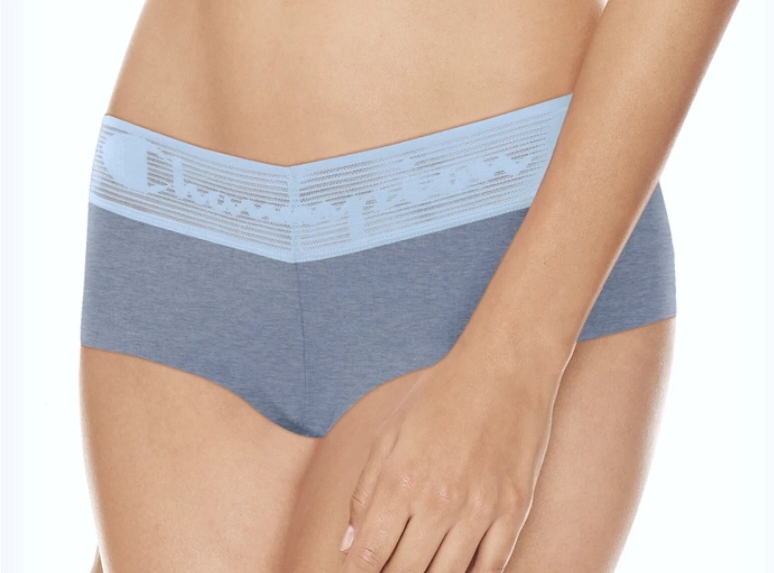 CHAMPION Wide Lace Logo Waistband Pale Blue BoyShort Panty 8/XL ~$16.00