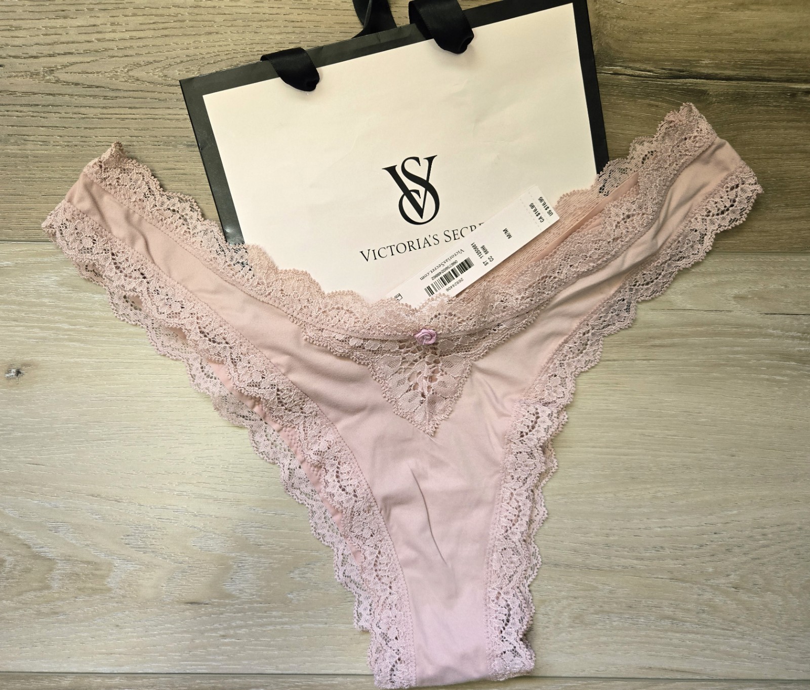 NWT Victoria’s Secret Nude Silky Smooth Lace Trim Rosette Brazilian Panties M