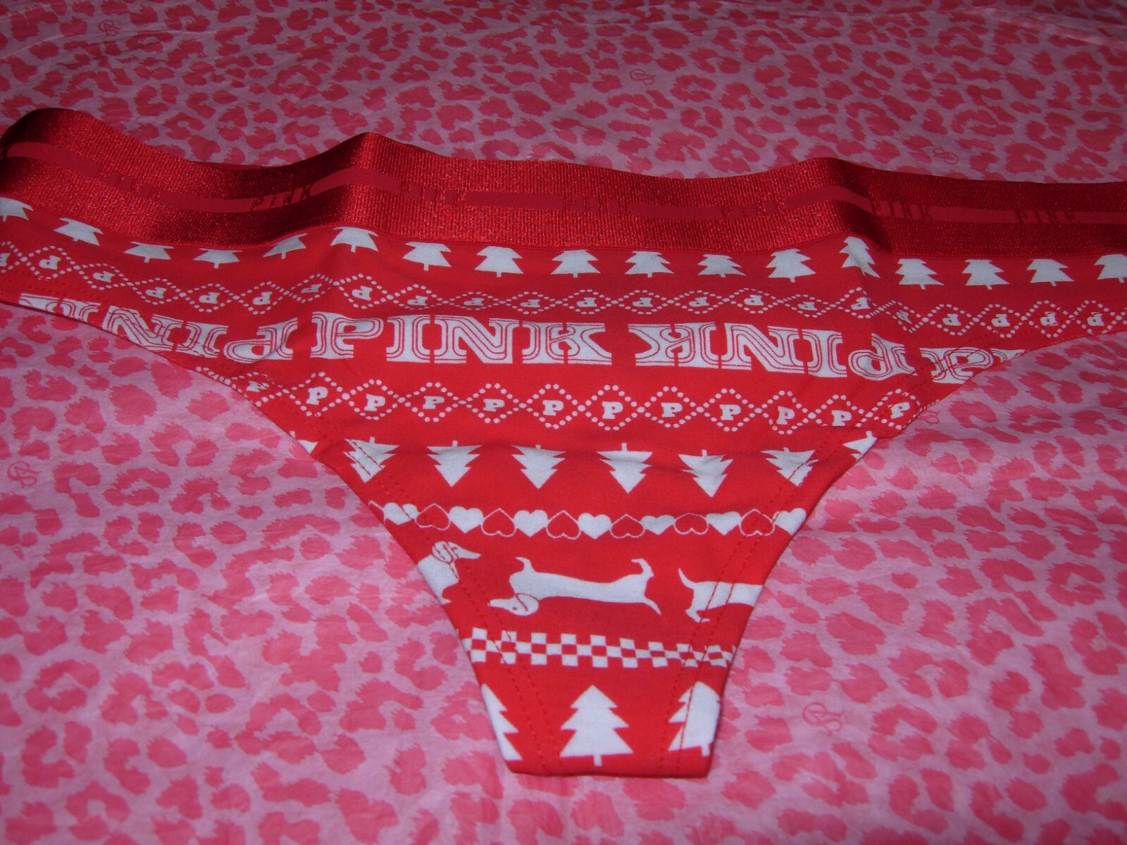 Victoria’s Secret PINK Thong Christmas Trees Puppies Holiday LOGO M L XL XXL NWT
