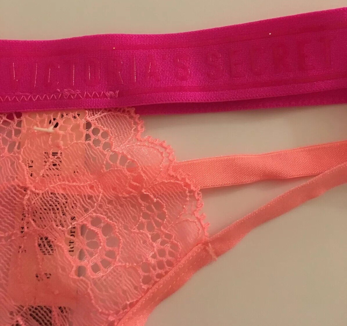 Victorias Secret Coral Lace Thong Panty Size XS Sexy Pink Logo Sport Waistband