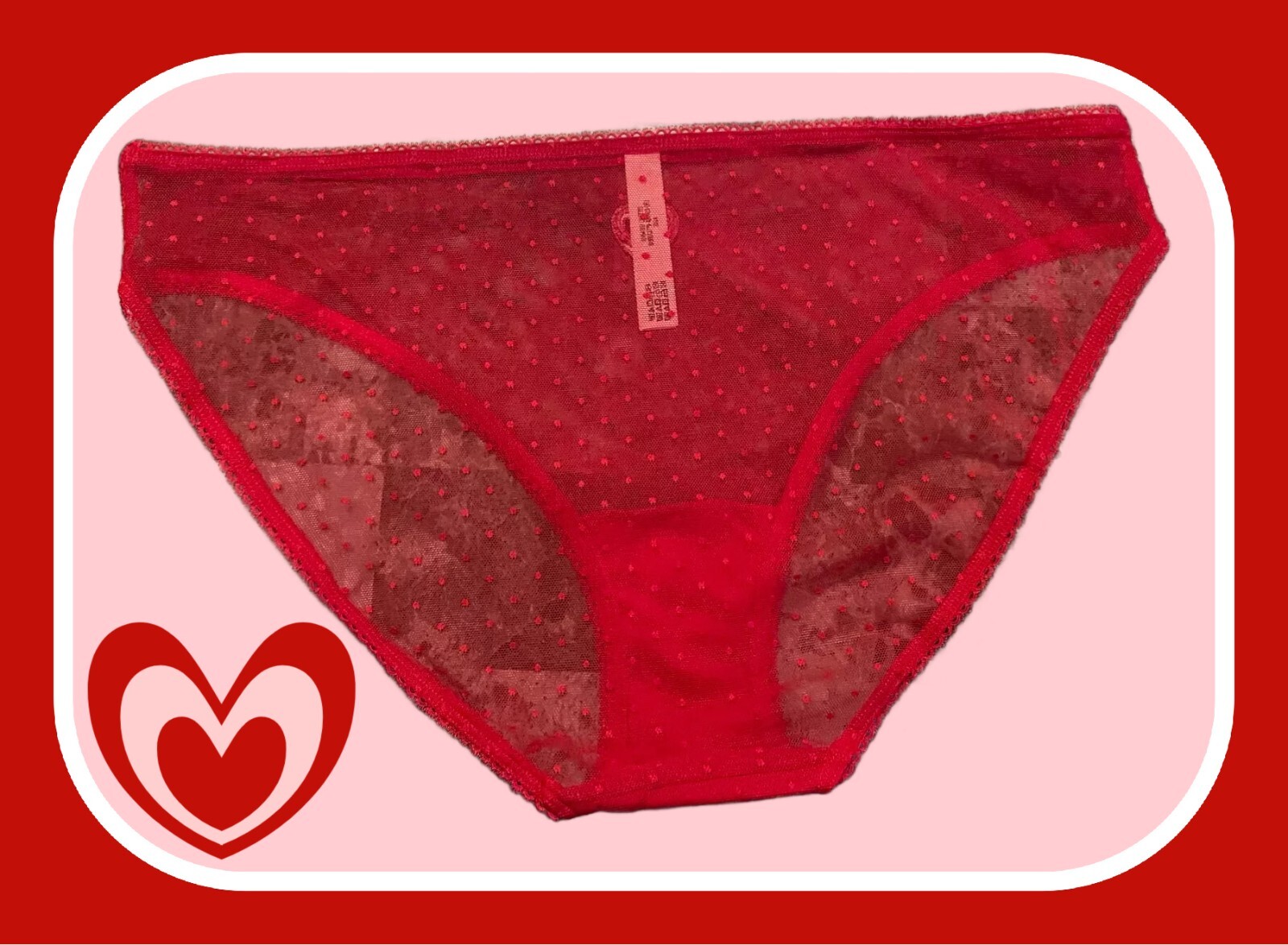 L All Bold Red Polka Dot Mesh w Heart Stretch Victoria’s Secret BIKINI Panty
