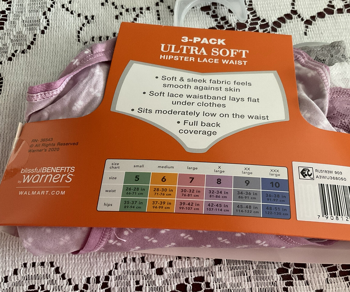 Women Warner’s Ultra Soft Hipster Lace Waist Lace 3 Panty 3XL/10 Assorted New