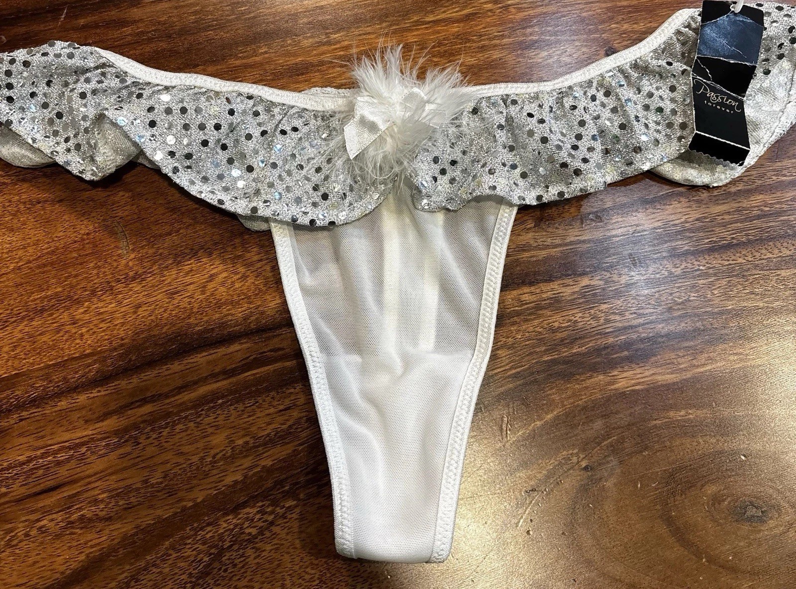 VTG Passion Forever Mesh Sequin Thong Medium Bling “SNOW BUNNY” White Sissy NWT