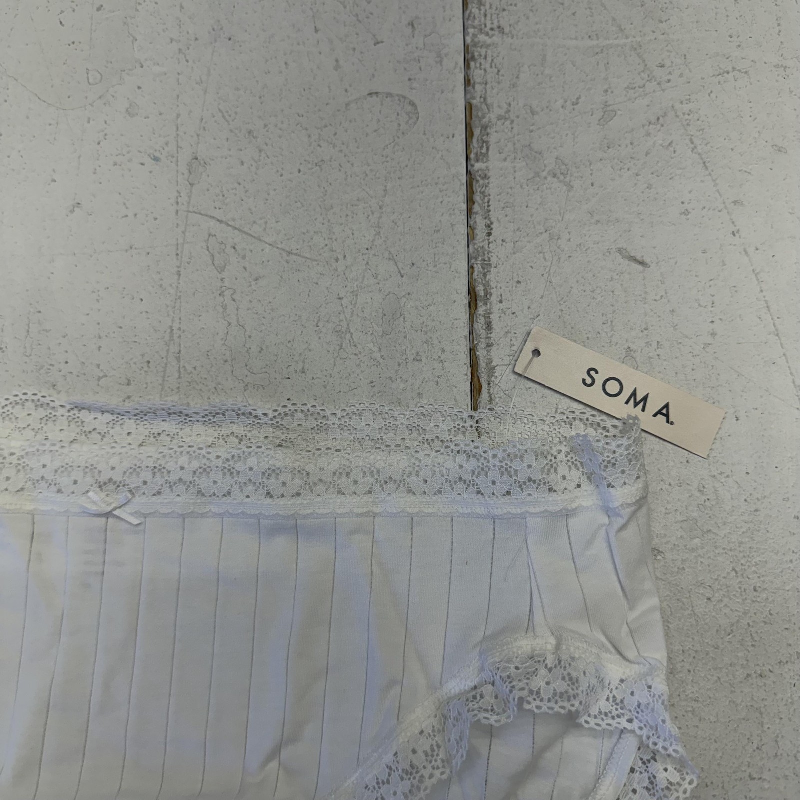 Soma Brief Panties Womens XL White Cotton Rib Pinstripe High Leg Lace Underwear