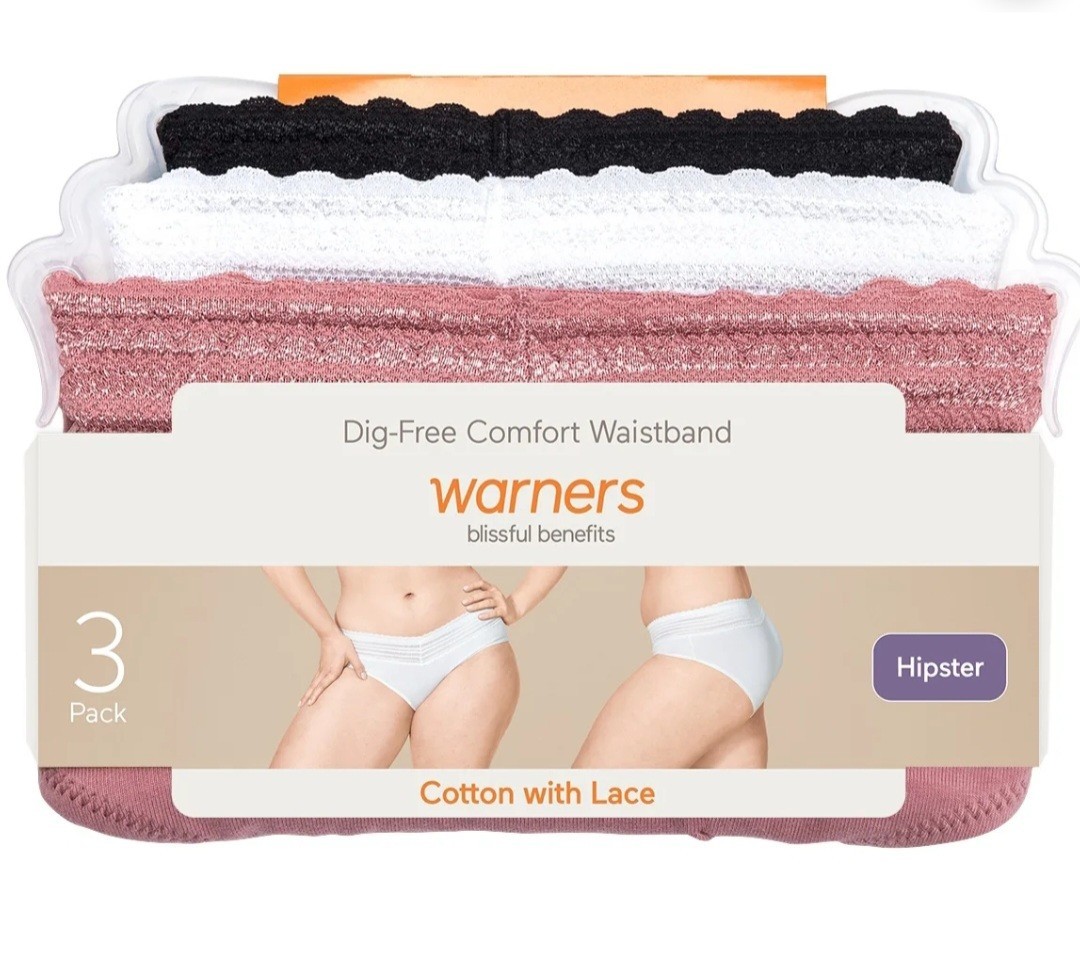 Warners Womens 3pc Dig-Free Cotton Lace Hipster Panty Set Sz XL Black White Pink