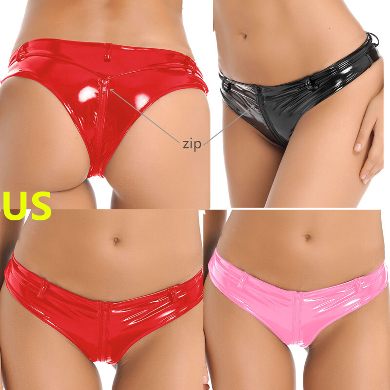 US Womens Shiny PVC Leather Bikini Briefs Wet Look Low Rise Thong Booty Clubwear