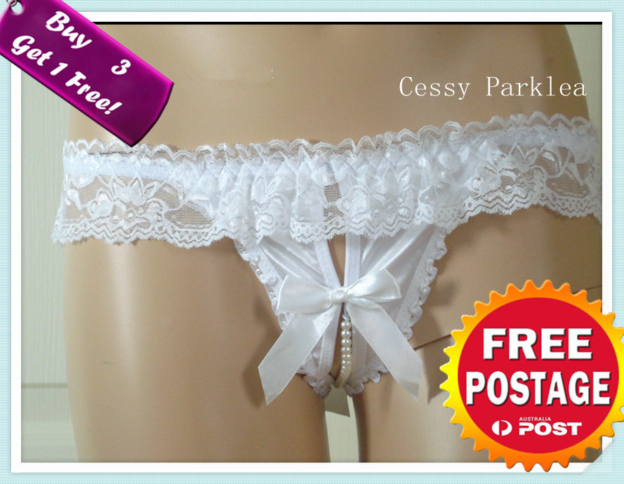 Bridal Crotchless G-sting Lace Satin Faux Pearl Black White Purple Blue Pink Red