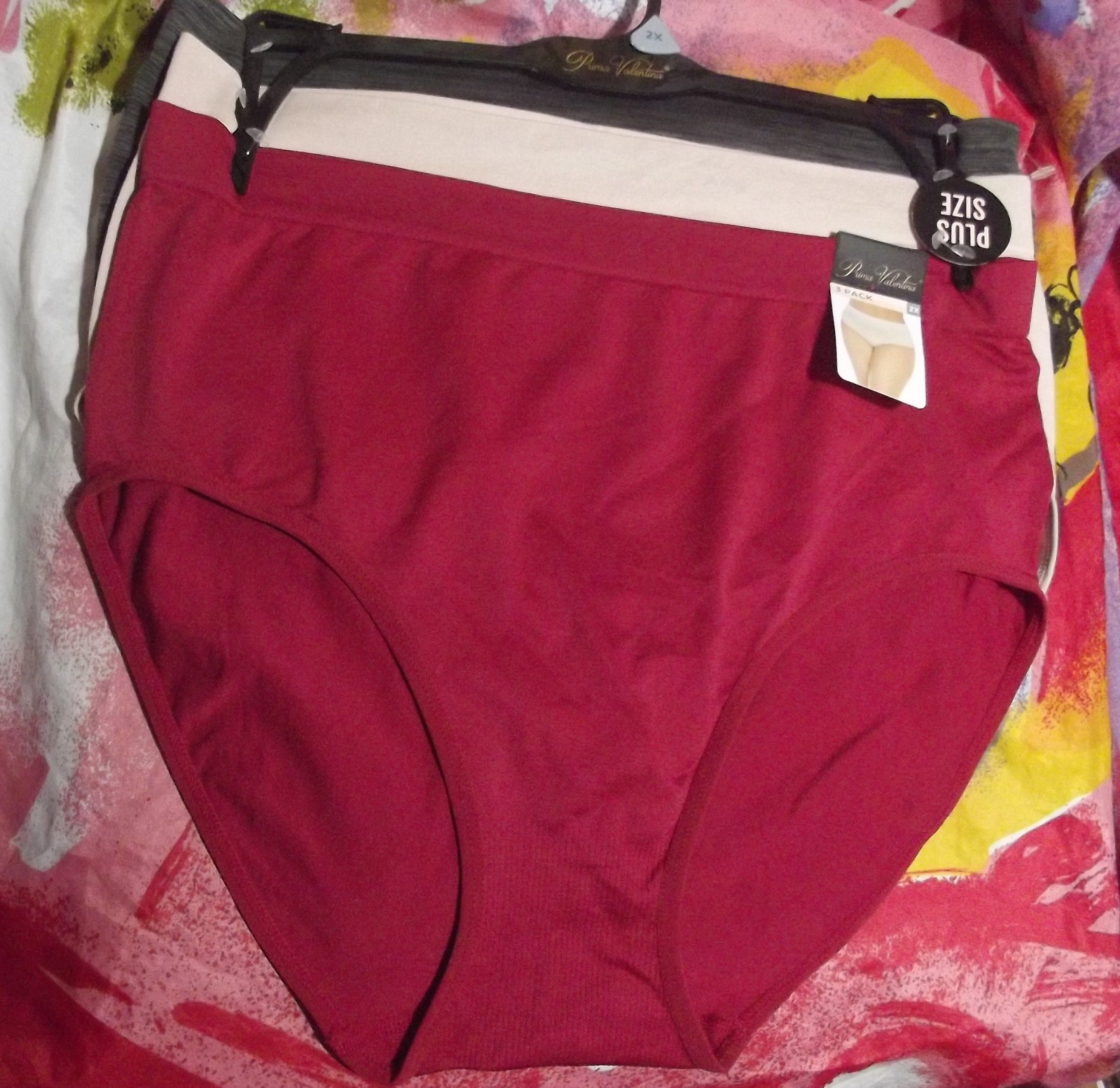 3 NEW PRIMA VALENTINA 877066X RD/BG MF PLUS SIZE SEAMLESS BRIEF PANTIES 2X