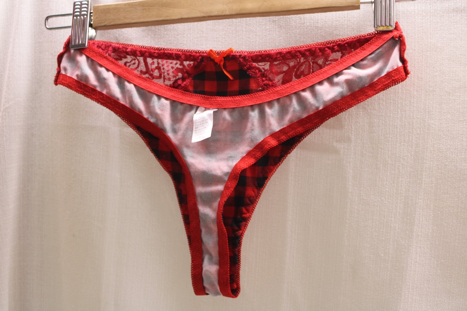 red and black plaid polyester elastane lace&bow thong panty L
