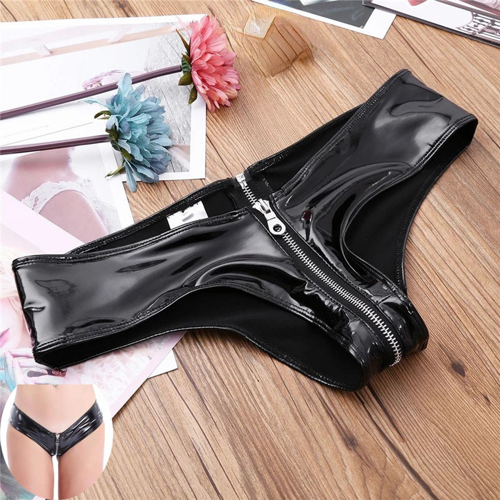 Shiny Women PVC Patent Leather Underwear Mini Briefs Zip Crotchless Punk Gothic