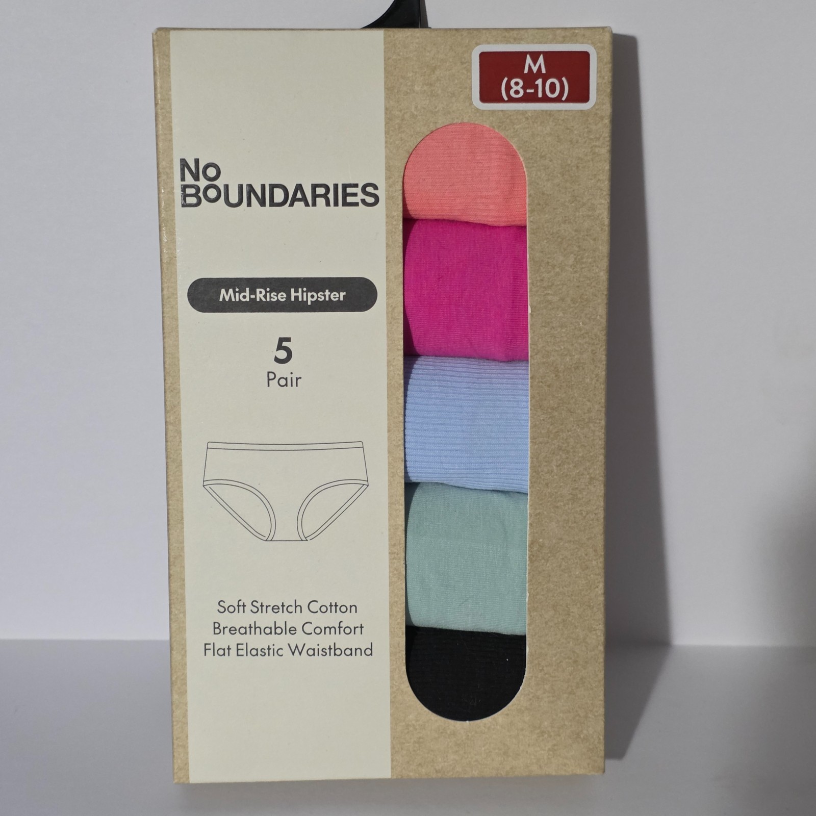5-Pack NO BOUNDARIES Women’s M (8-10) Cotton Mid-Rise Hipster