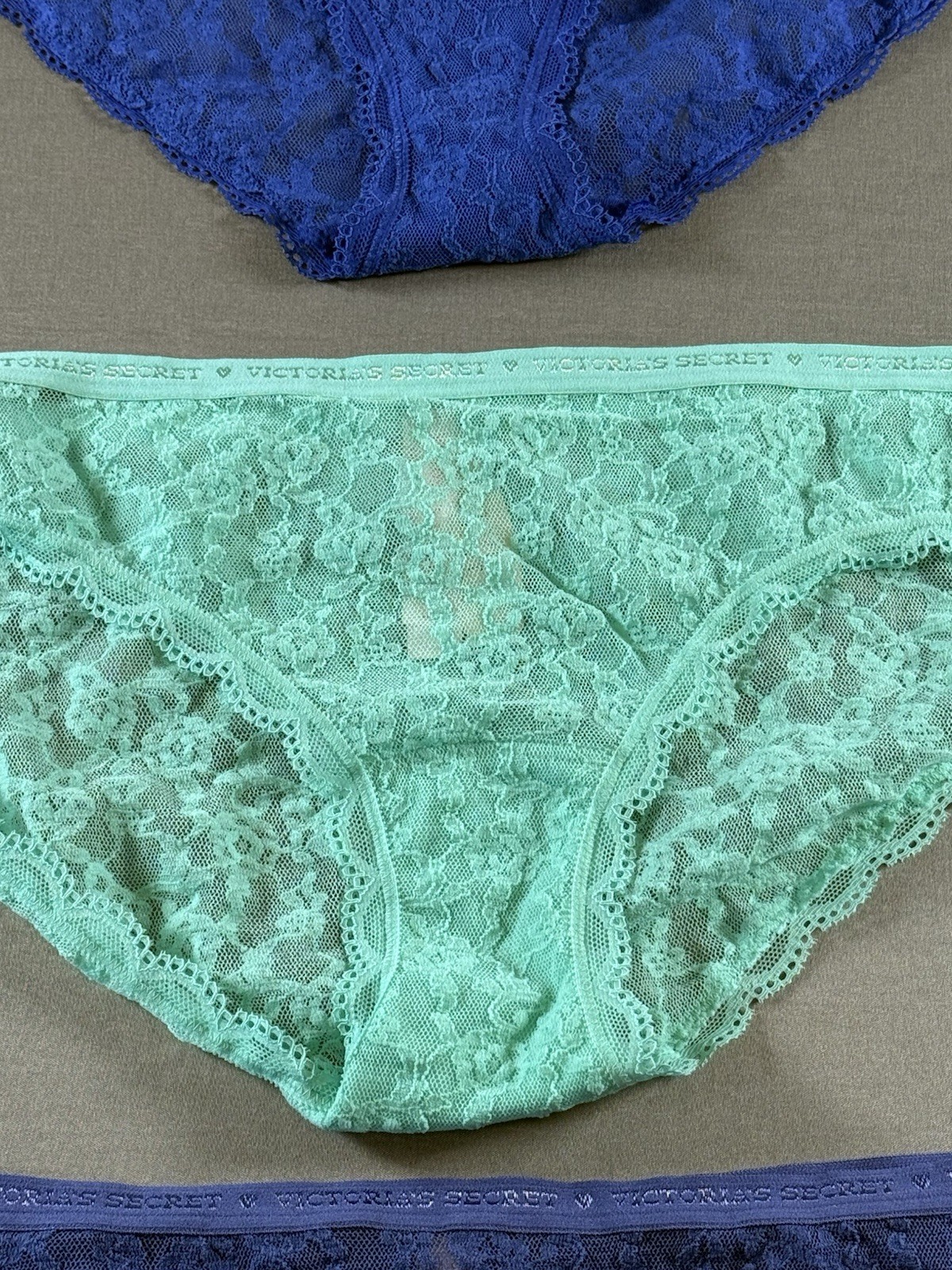 VTG Victoria’s Secret Lace Bikini Panty Lot Of 3 Blue Green 2014-2015 Large