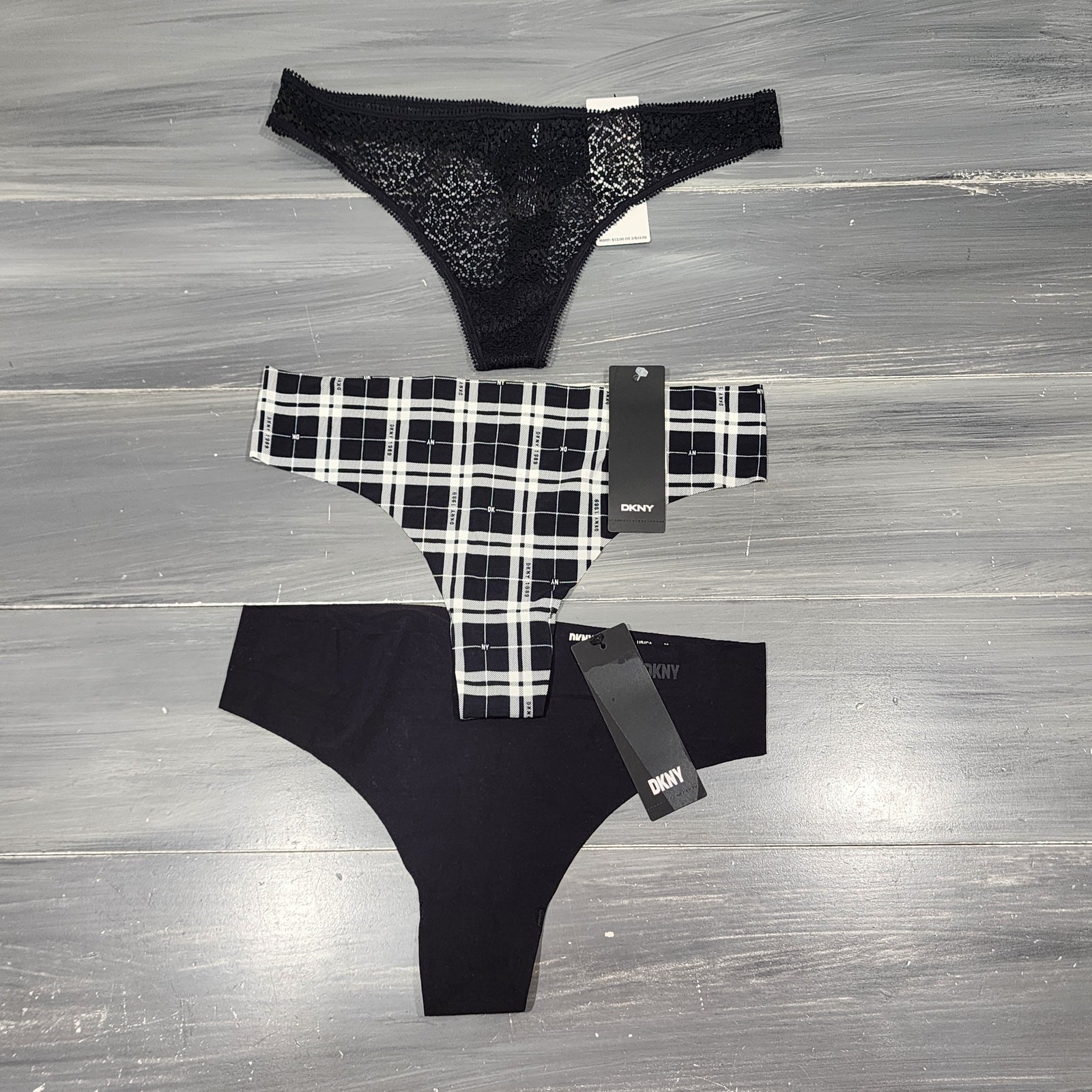 DKNY Thong Underwear Panties 3 Pair Size Medium Black Plaid Lace