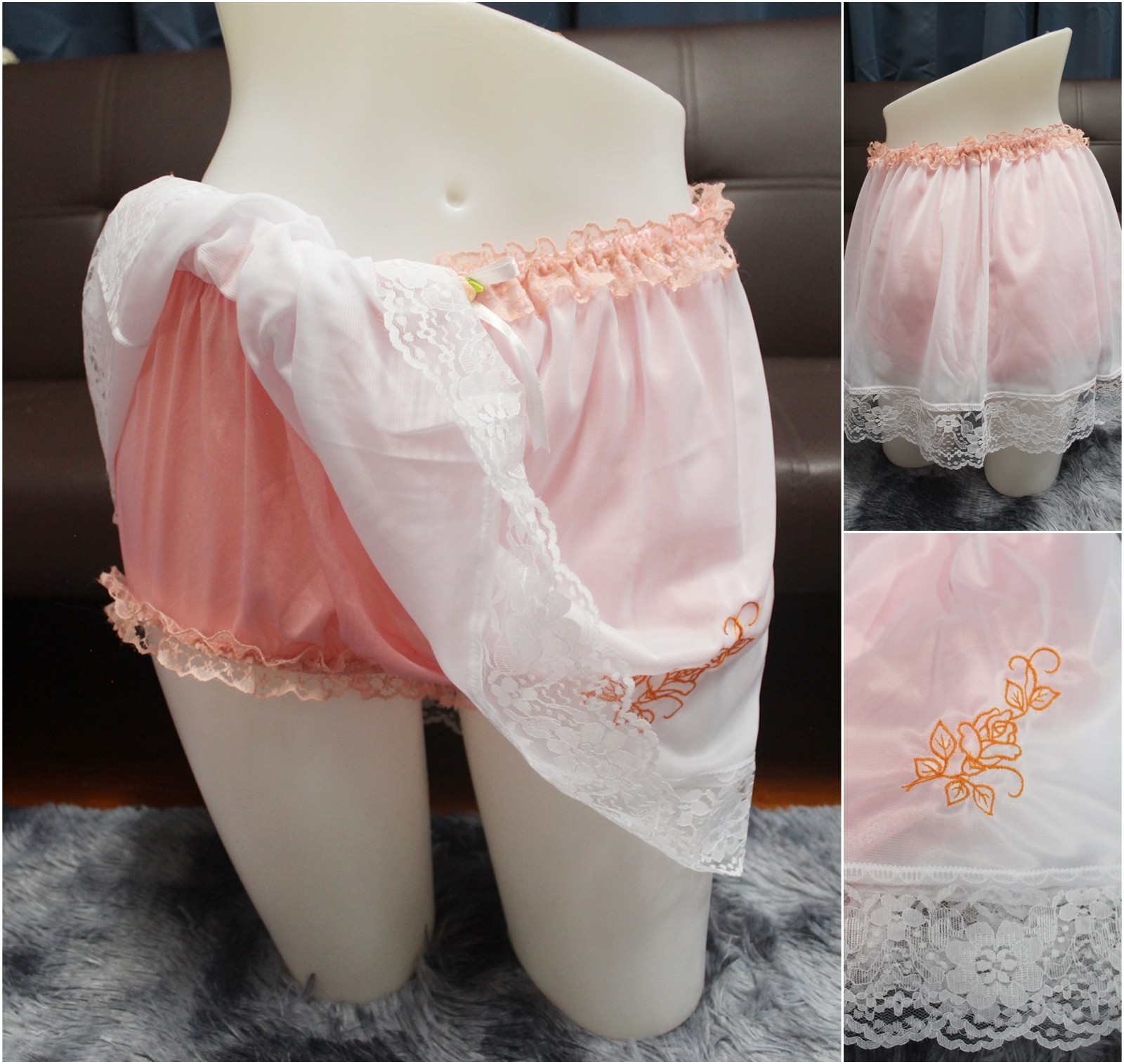 #A97 2XL/ElasticW.24-44″ 2in1 Orange Nylon Full Brief + White Half Slip 15″