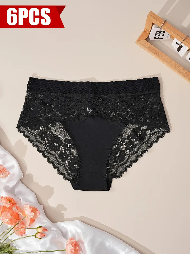 6pcs Ladies High Waist Stretchy Lace Trim Panties, Soft And Comfortable