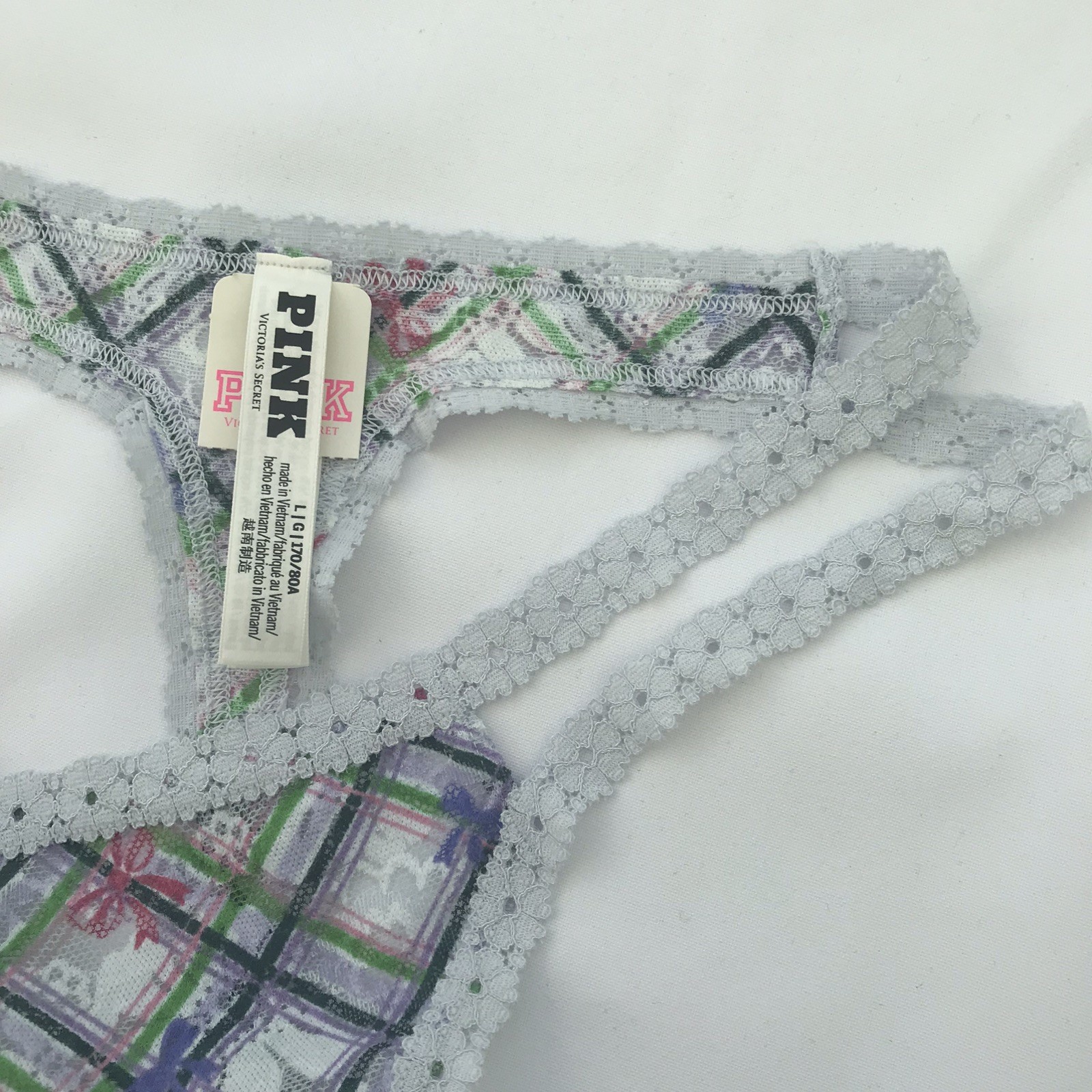 Victoria’s Secret PINK Blue Check Lace Strappy Side Thong Panty – Size L – BNWT