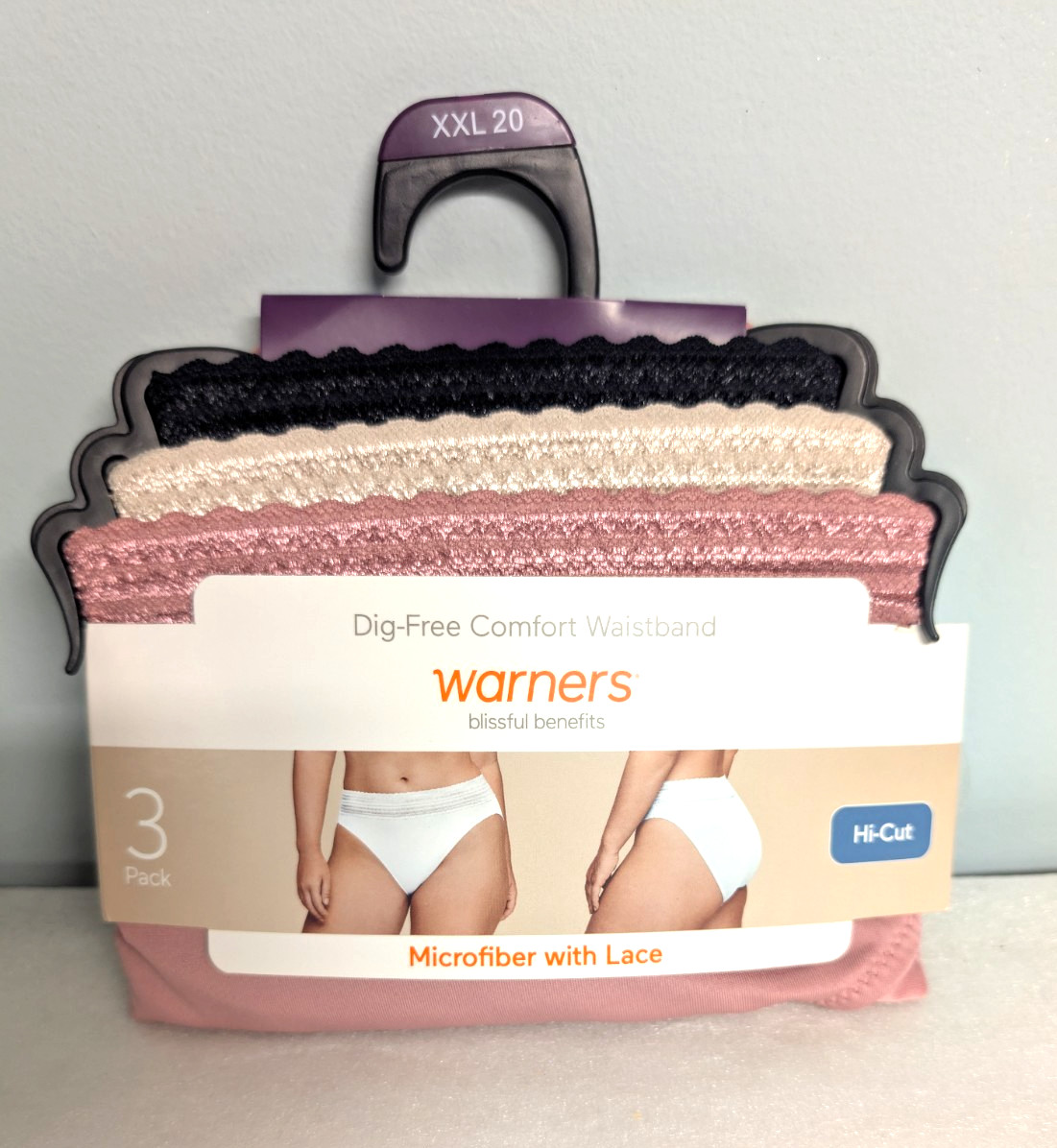 3 pc Warners Blissful Dig-Free Comfort Waistband w/Lace Microfiber Hi-Cut 20 XXL