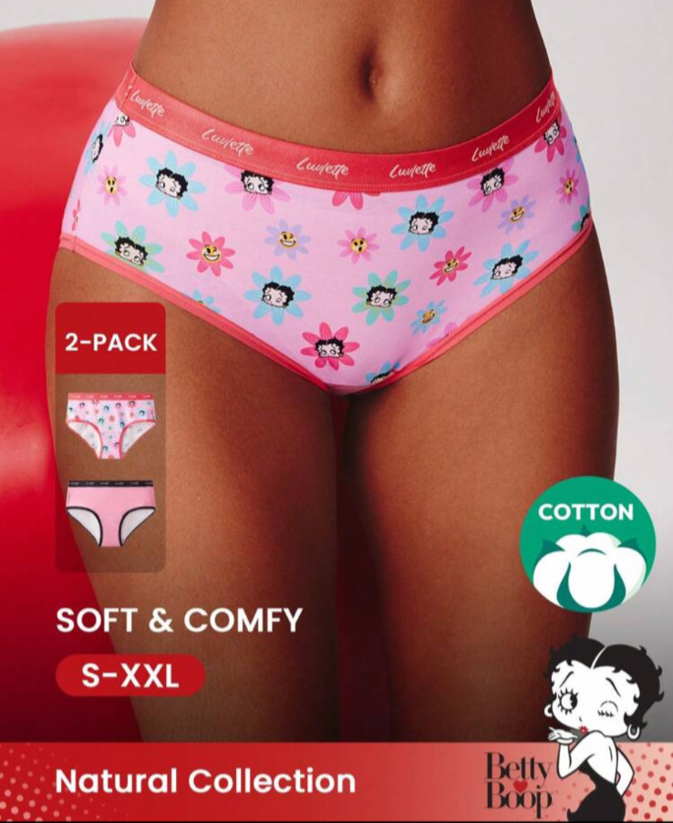 Women’s Betty Boop X Luvlette Mid-Rise Brief Panty Cotton Basic Panty XL 2 pack