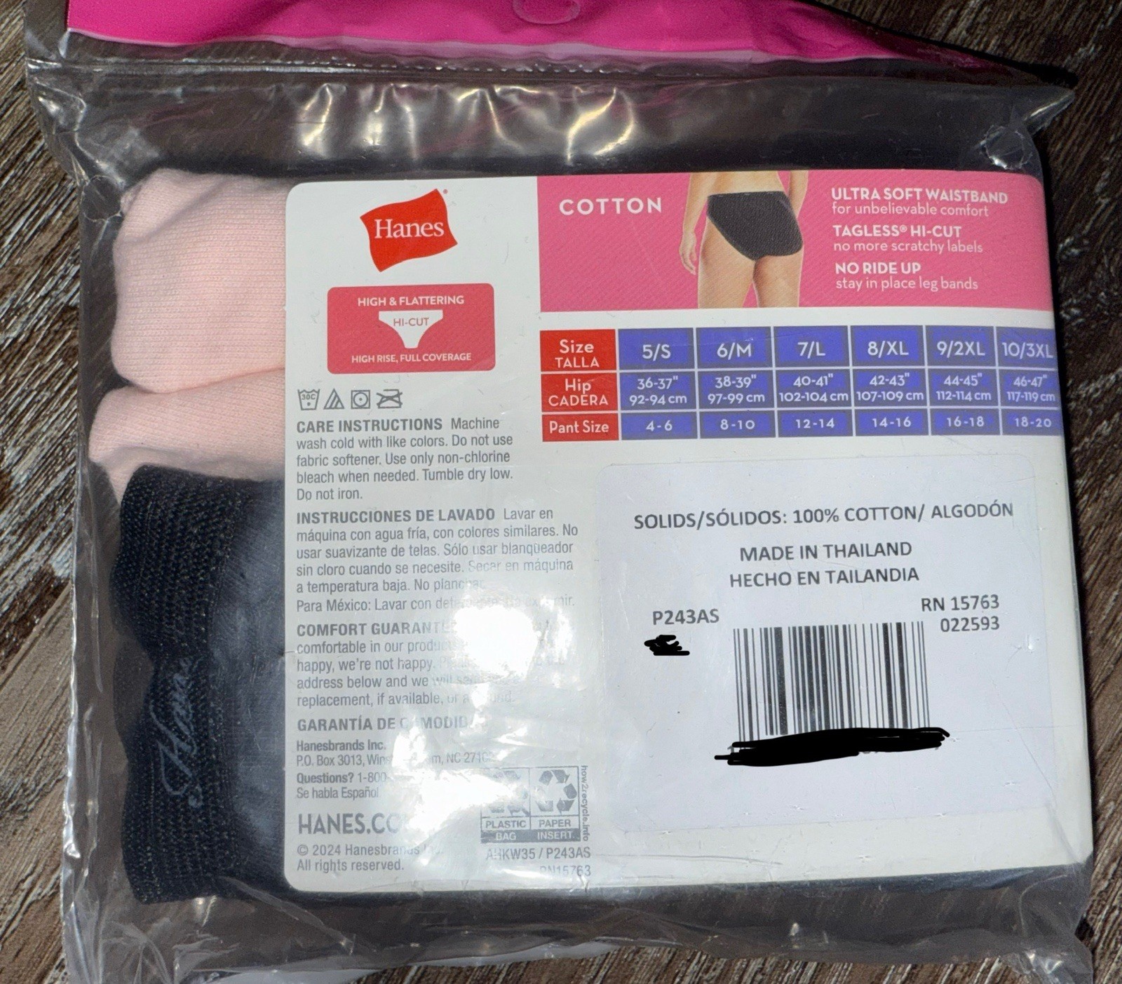 Hanes ~ 2-Pair Women’s Hi-Cut Underwear Panties 100% Cotton Pink Black ~ XL/8