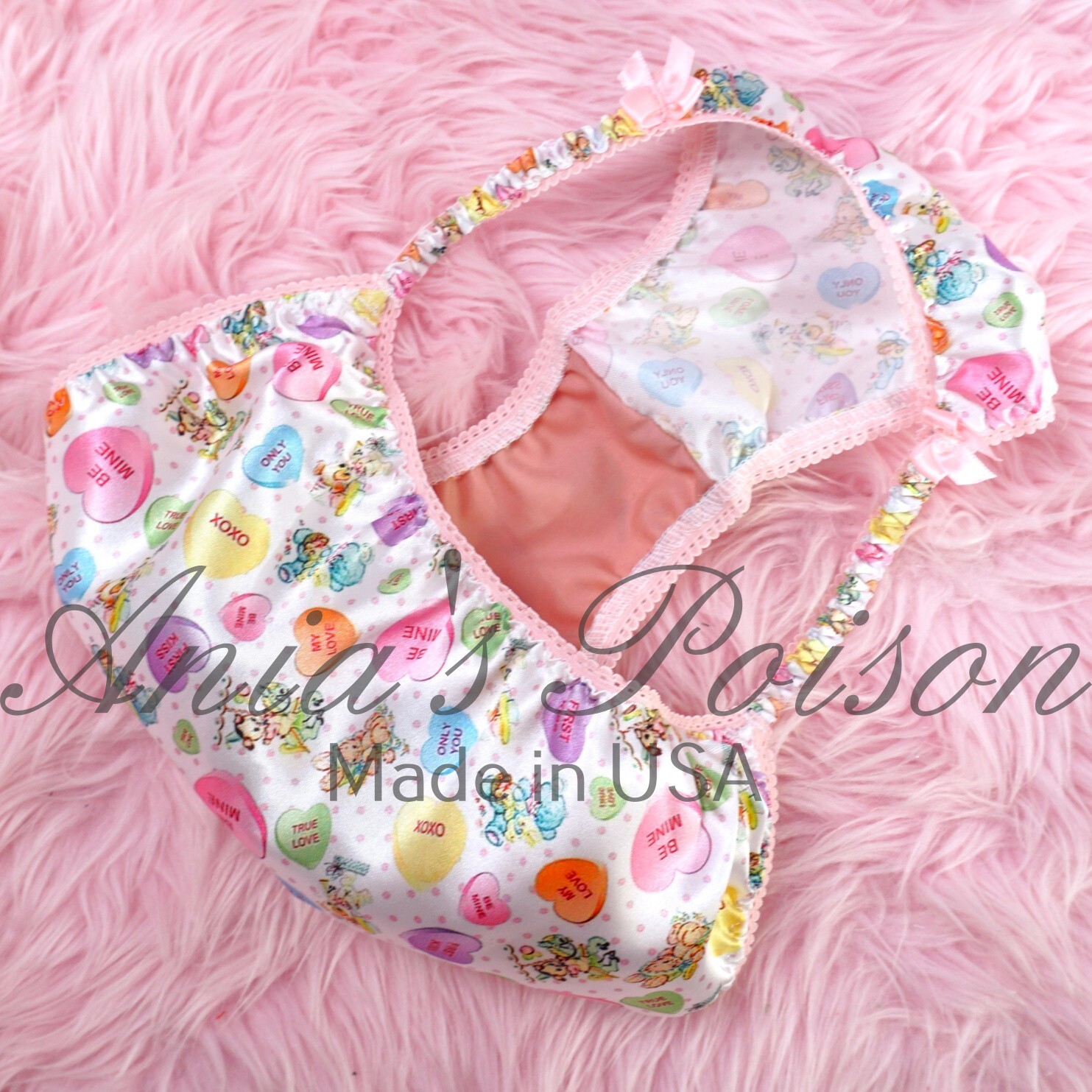 Valentine’s Satin panties Conversation Hearts DUCHESS CUT women’s string bikini