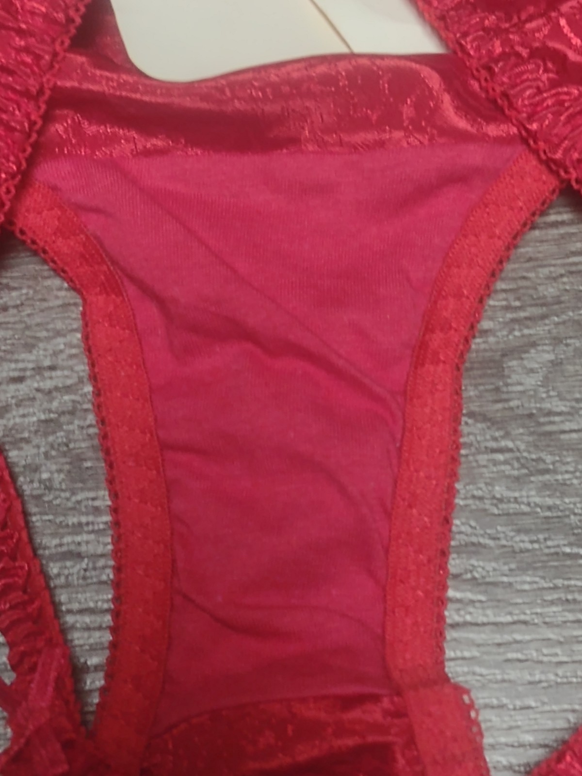 Vtg NWT Red Satin Panty String Bikini Floral Embossed Van Mar Size Medium