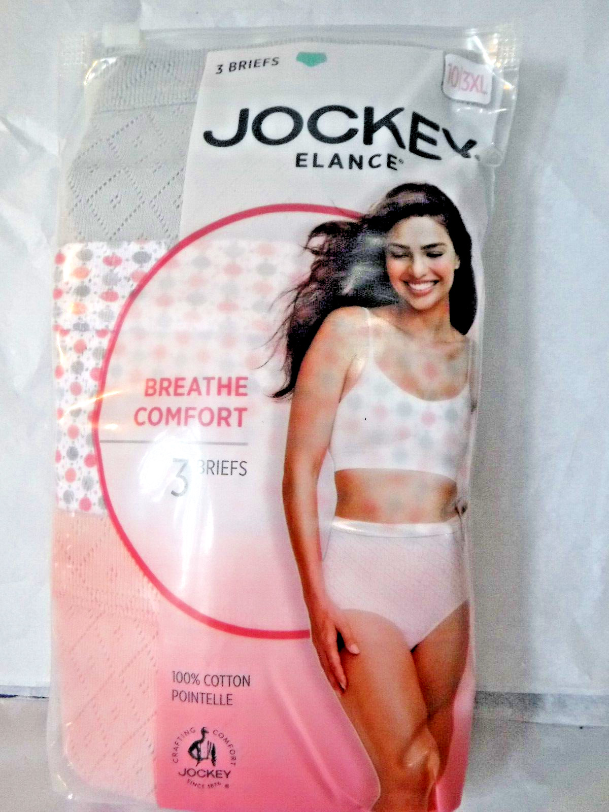 Jockey Elance Breathe 3 comfort Briefs 100% cotton Pointelle sz 10 Gray Pink mix