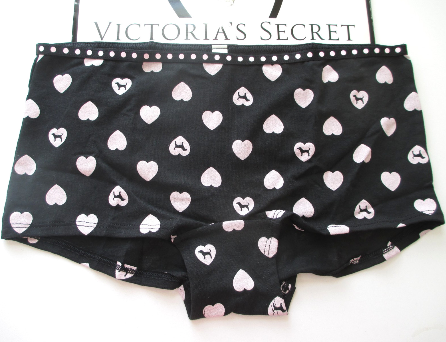 VICTORIA’S SECRET PINK Cotton Boyshort Panty S M L XL Black NWT Polka Dot Hearts