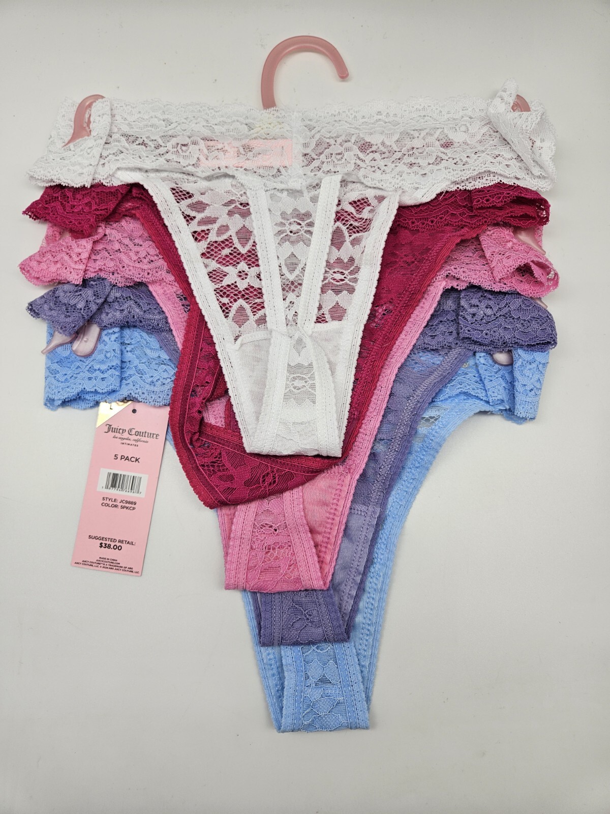 JUICY COUTURE Women L XL 5Pk Lace Rhinestone Logo Thong Panties Pink White Blue