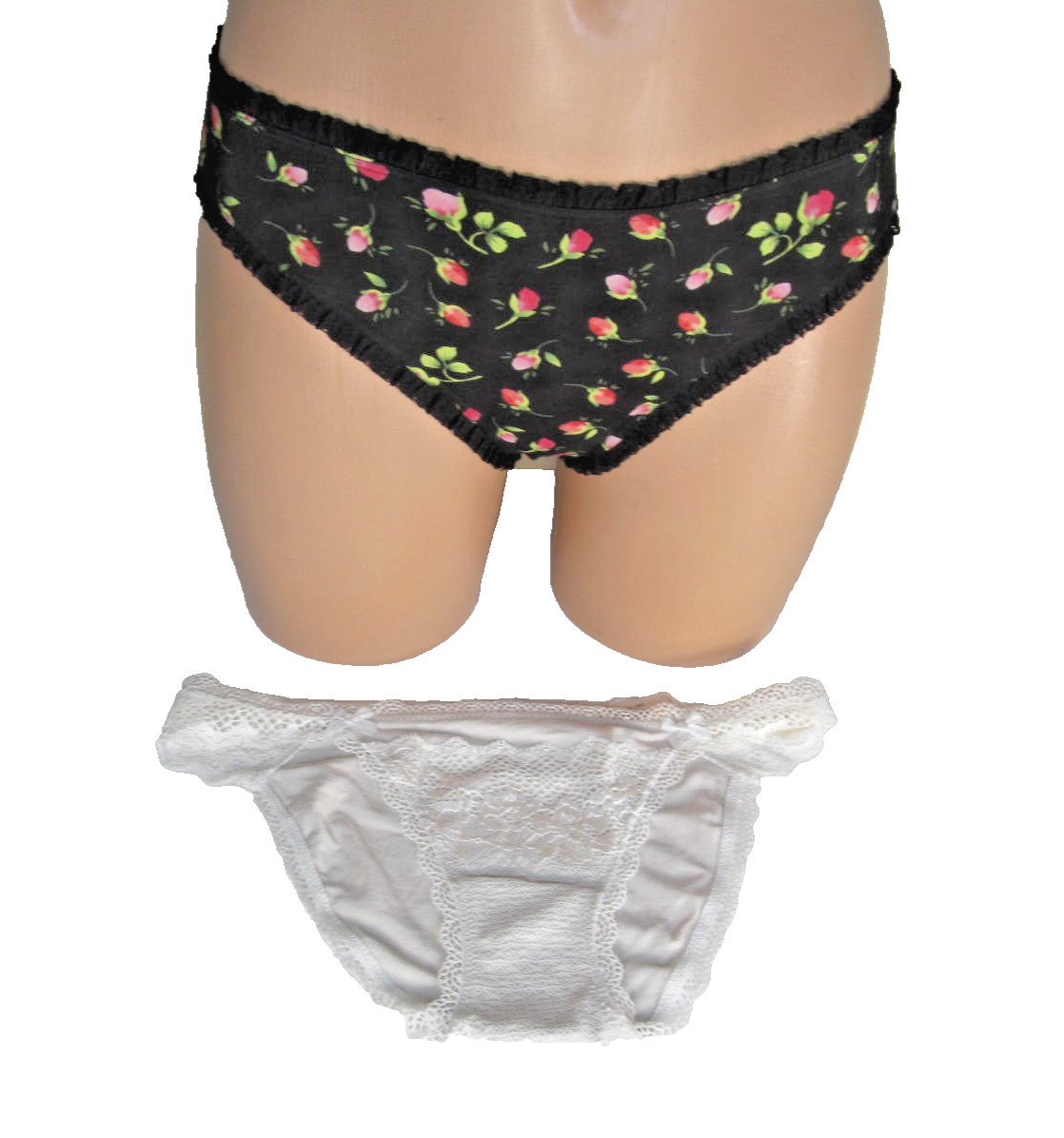 Victorias Secret NWT Size S Bikini Panties Set of 2 Solid ivory + Rose Print