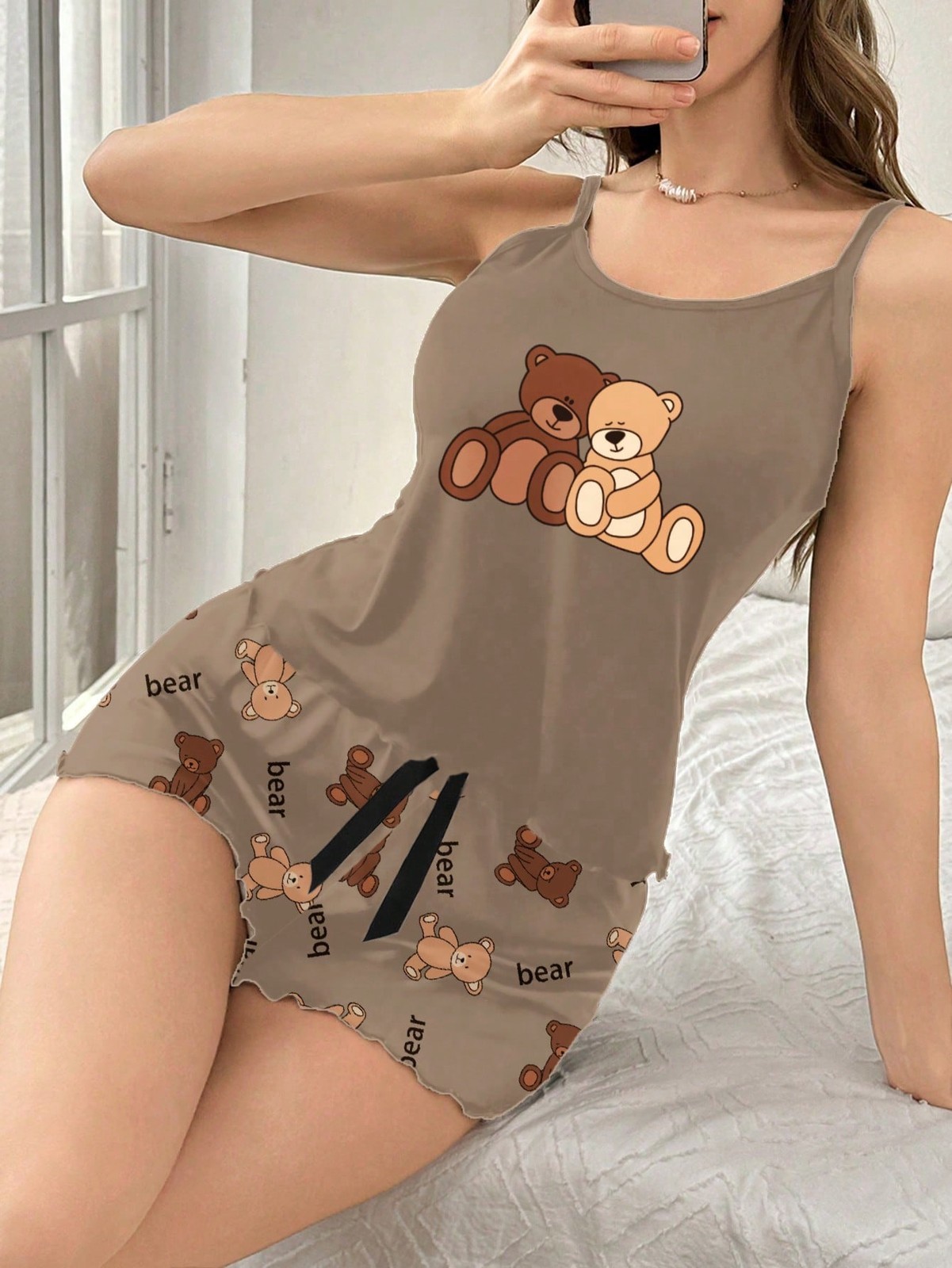 Ladies 2 Piece Bear Pattern Strappy Top and Shorts Pyjama Set Cheap24