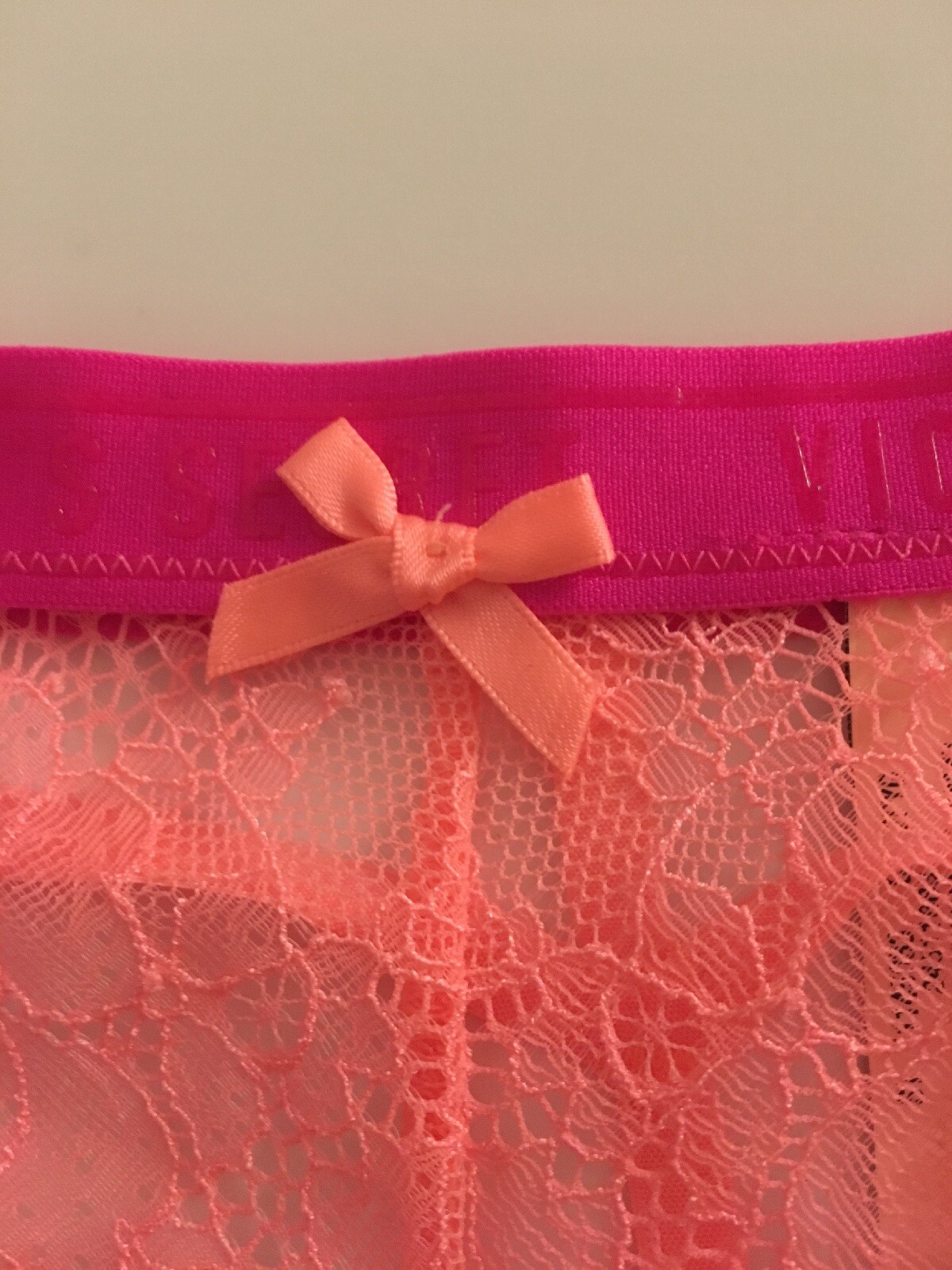 Victorias Secret Coral Lace Thong Panty Size XS Sexy Pink Logo Sport Waistband
