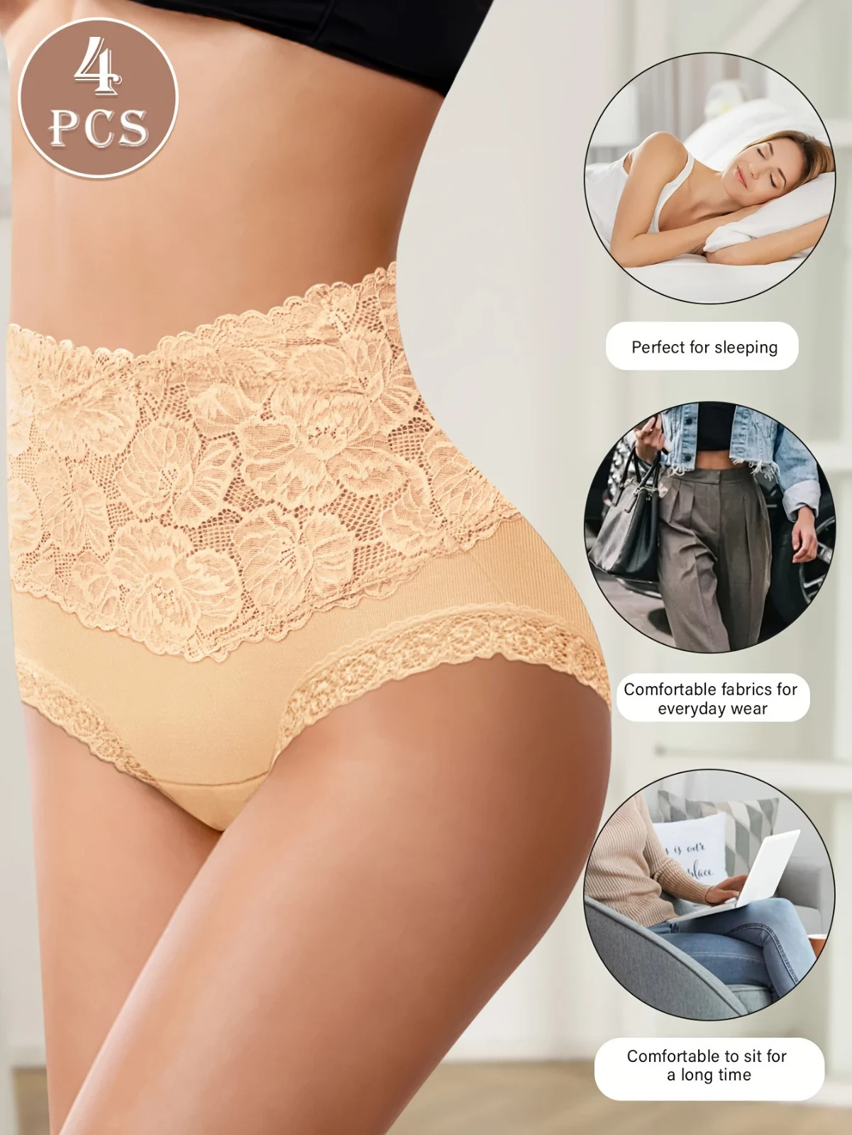 4pcs High Waist Cotton Jacquard Pattern Sexy Lace Hip Lift Shape Briefs Panties