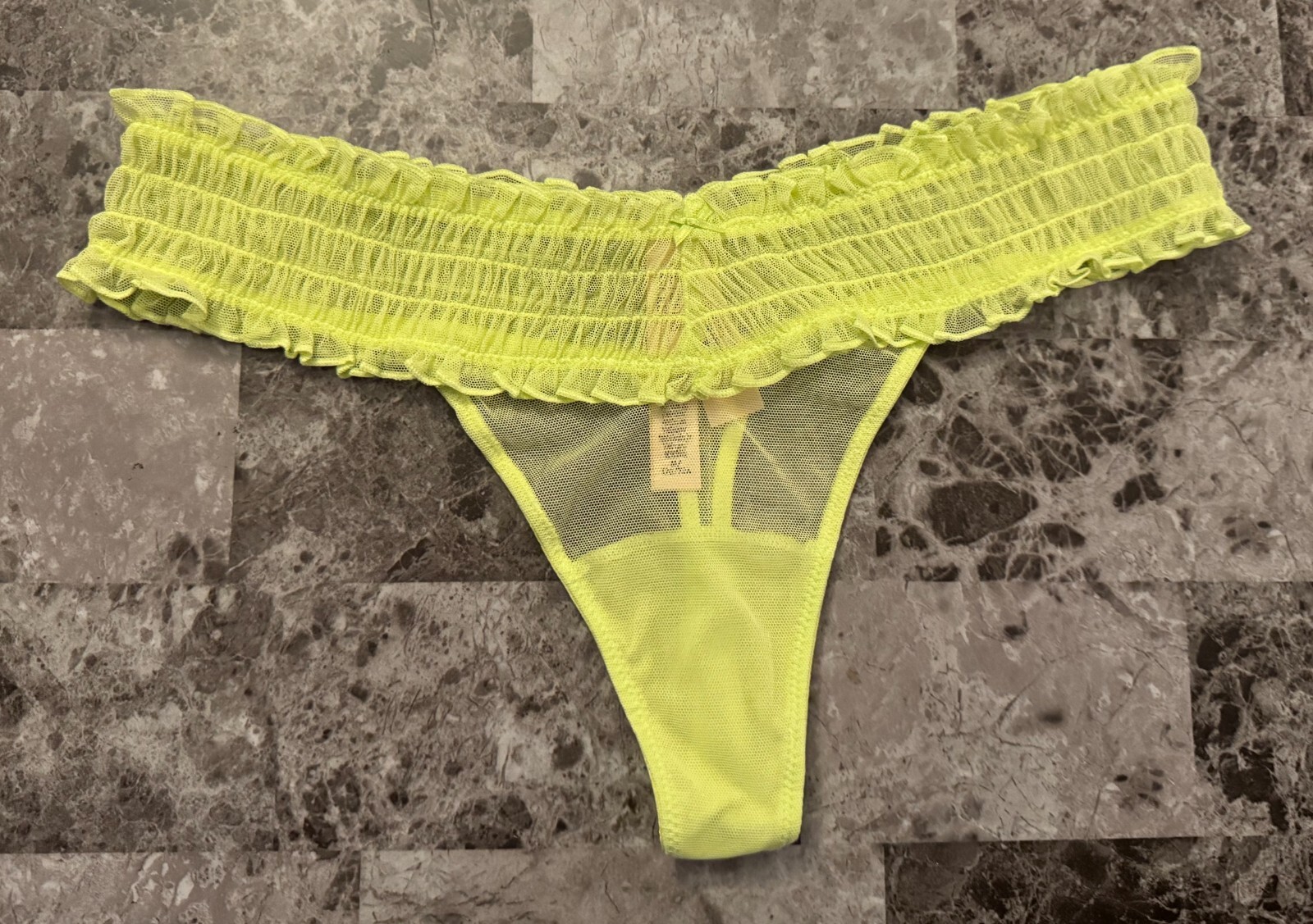 NWT VICTORIA’S SECRET CITRON GREEN SHEER MESH RUFFLE SMOCKED THONG PANTIES