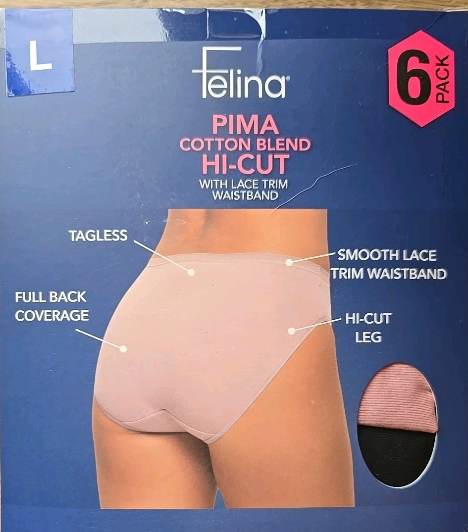 Felina Women’s 6-Pack Pima Cotton Hi-Cut with Lace Trim Panties, Multicolor, L