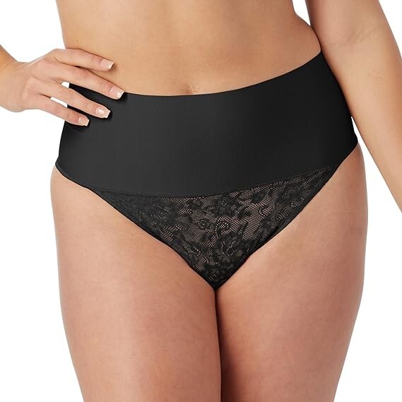 Maidenform Women’s Stretch Lace Firm Tummy Control Thong Underwear, Black, M