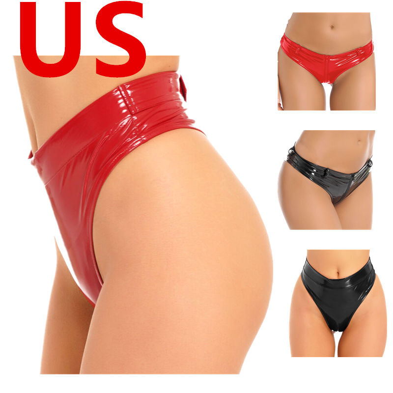 US Women’s Panties Patent Leather Belted Back High Cut Cheeky Briefs Underwear