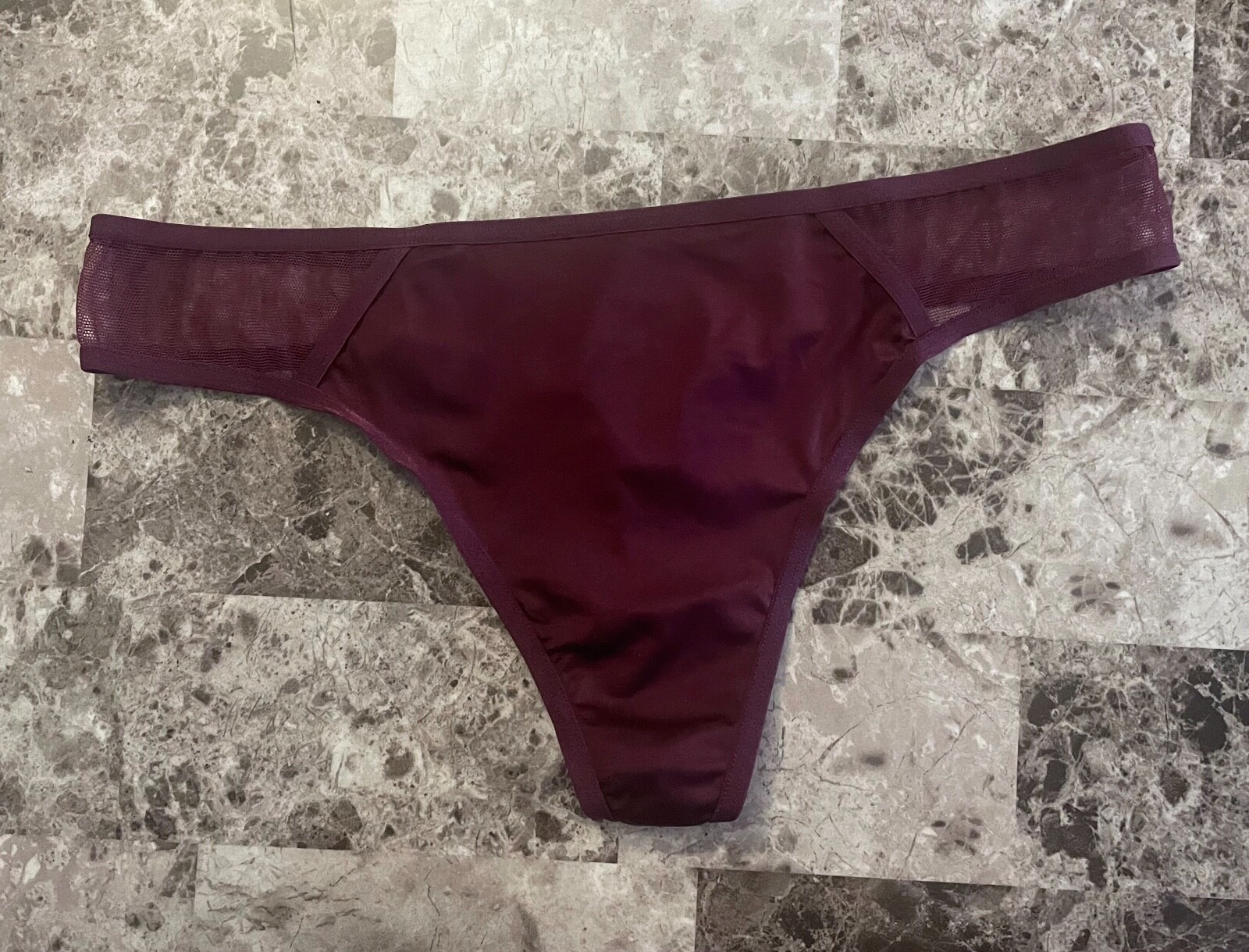 NWT VICTORIA’S SECRET LARGE MAROON SATIN SMOOTH SHEER MESH RARE THONG PANTIES