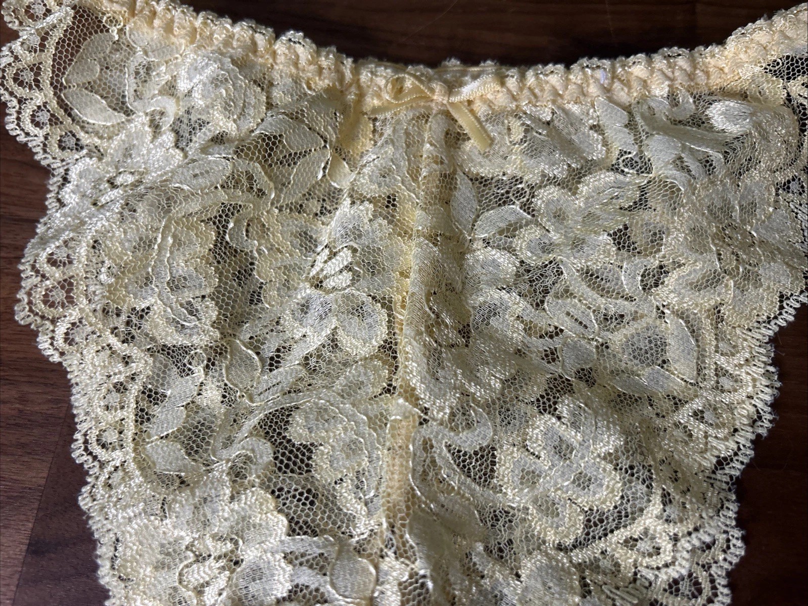 Vtg Floral lace String Bikini Panties SIZE M/L Yellow Sheer Sexy Hi Cut