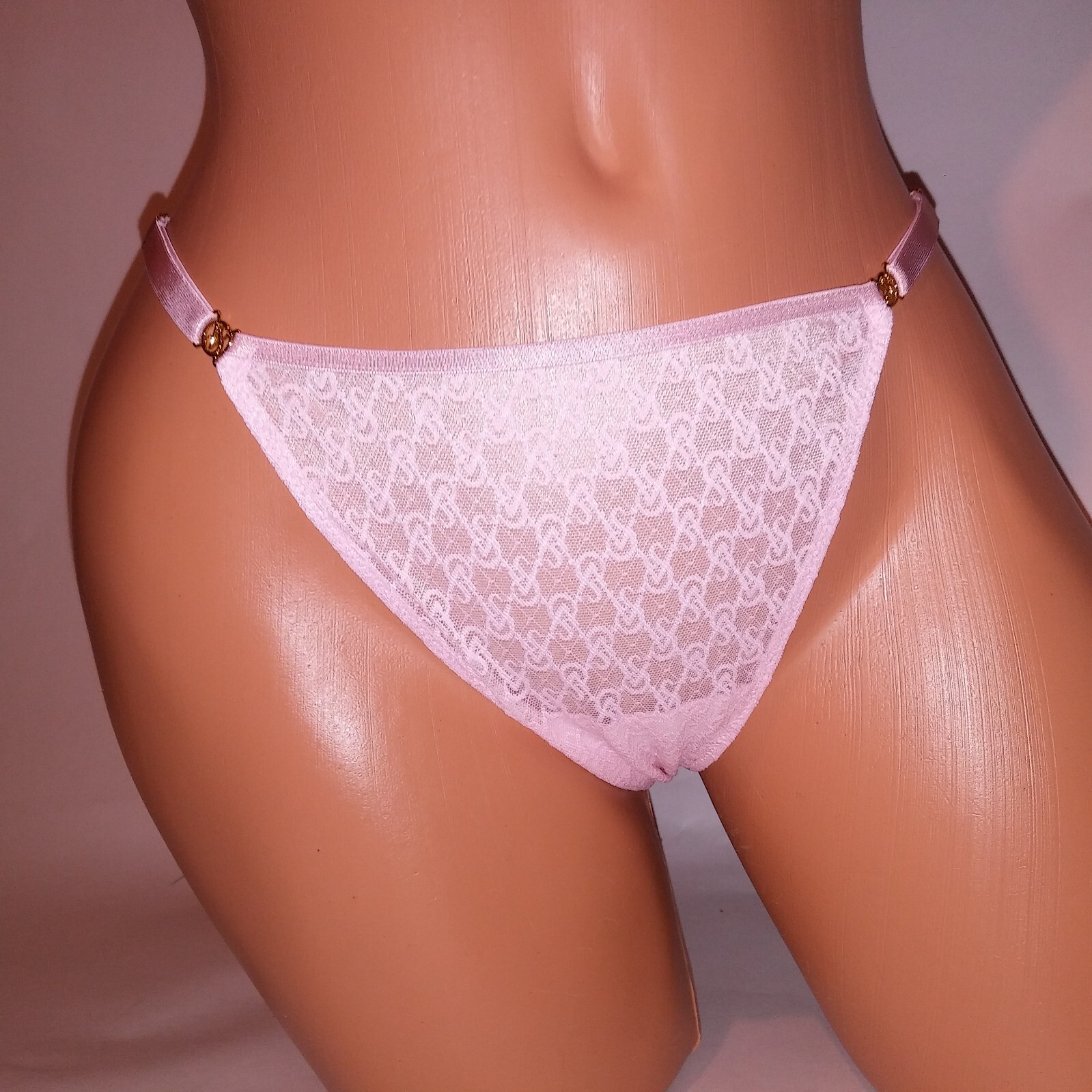 Victoria Secret Panty Thong Large Light Pink Logo Lace Adjustable Icon Collectio