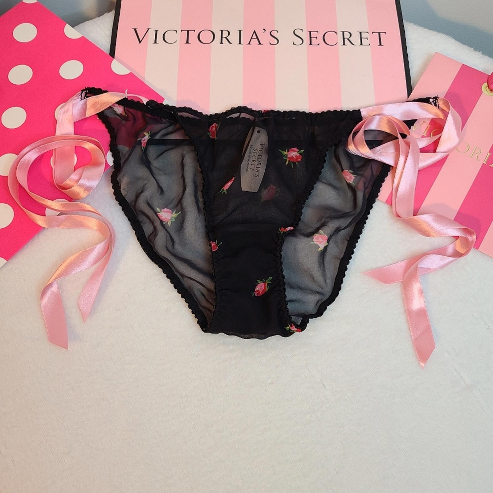 VTG Victoria’s Secret Floral Chiffon Side Tie Bikini Panty Size Lg Black Pink