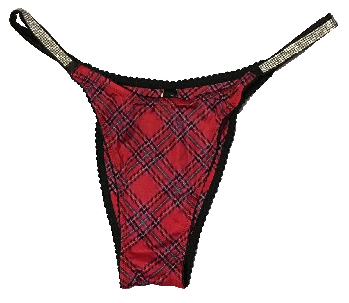 Victoria’s Secret Red Plaid Shine Strap Brazilian Panties M Rhinestones Sparkle